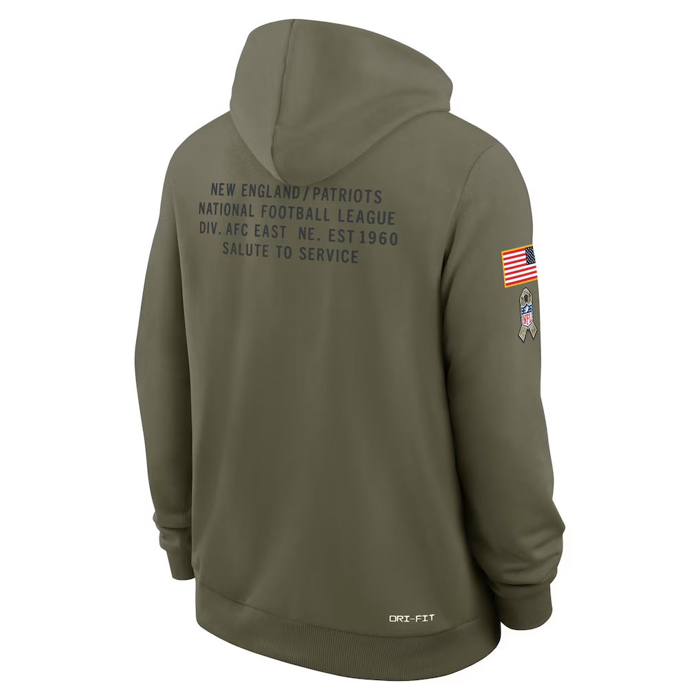 Men's New England Patriots Nike Olive 2025 Salute to Service Sideline Standard Issue Dri-FIT Hoodie
