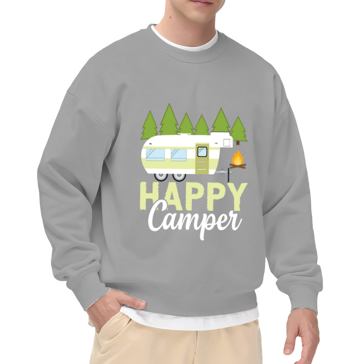 Happy Camper RV Pine Tree Campfire Outdoor Crewneck Sweatshirt