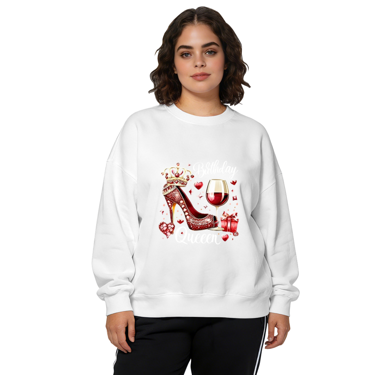 Birthday Queen High Heel Wine Crown Graphic Crewneck Sweatshirt