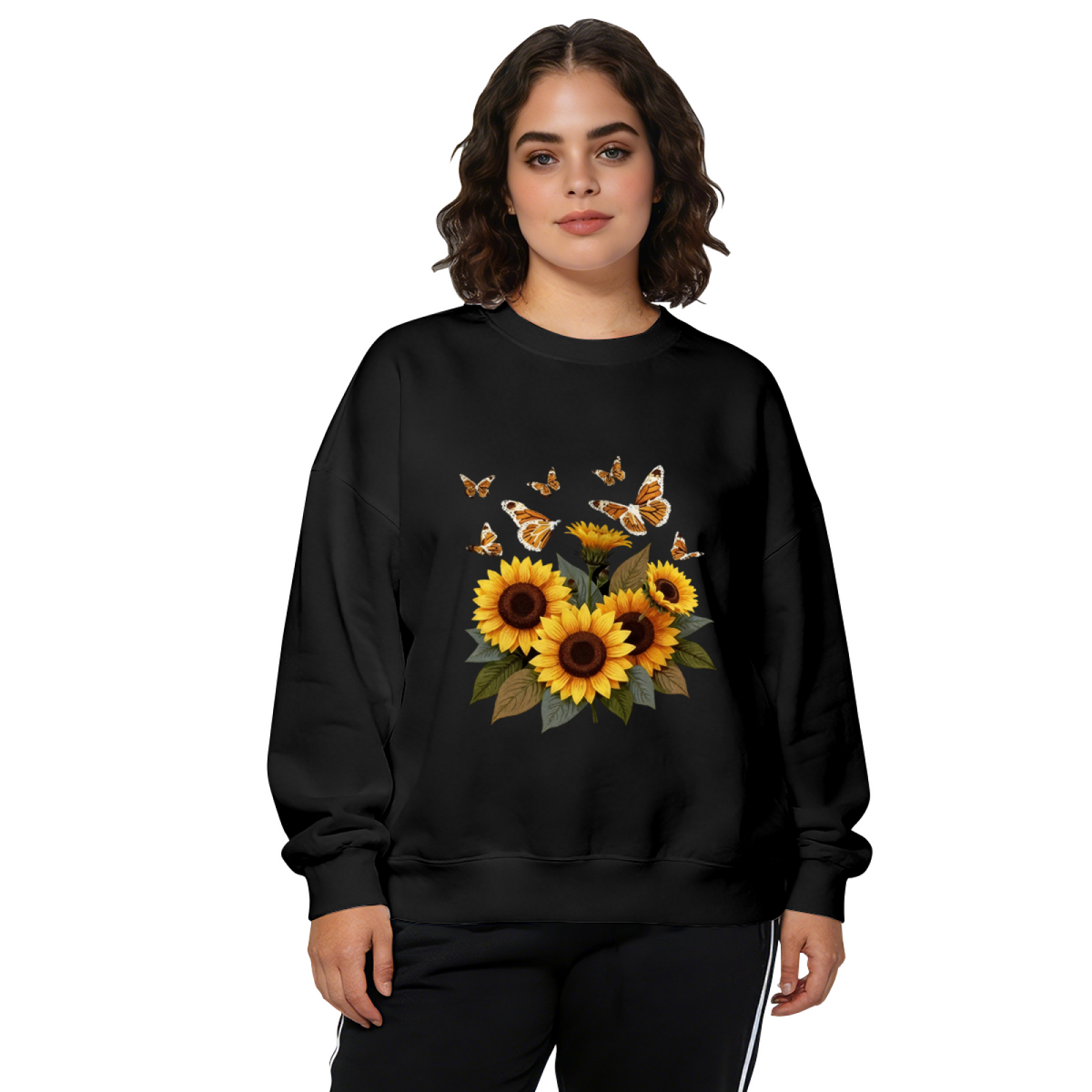Cheerful Sunflower Bouquet & Flying Butterflies Crewneck Sweatshirt