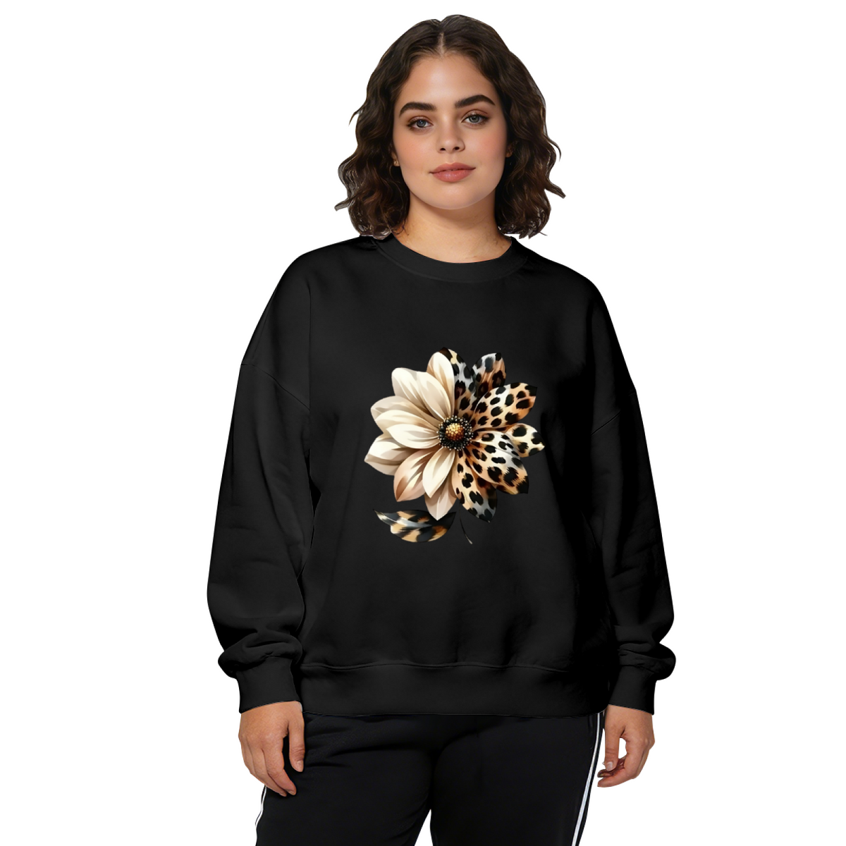 Unique Half?Leopard Print Flower Fashion Crewneck Sweatshirt