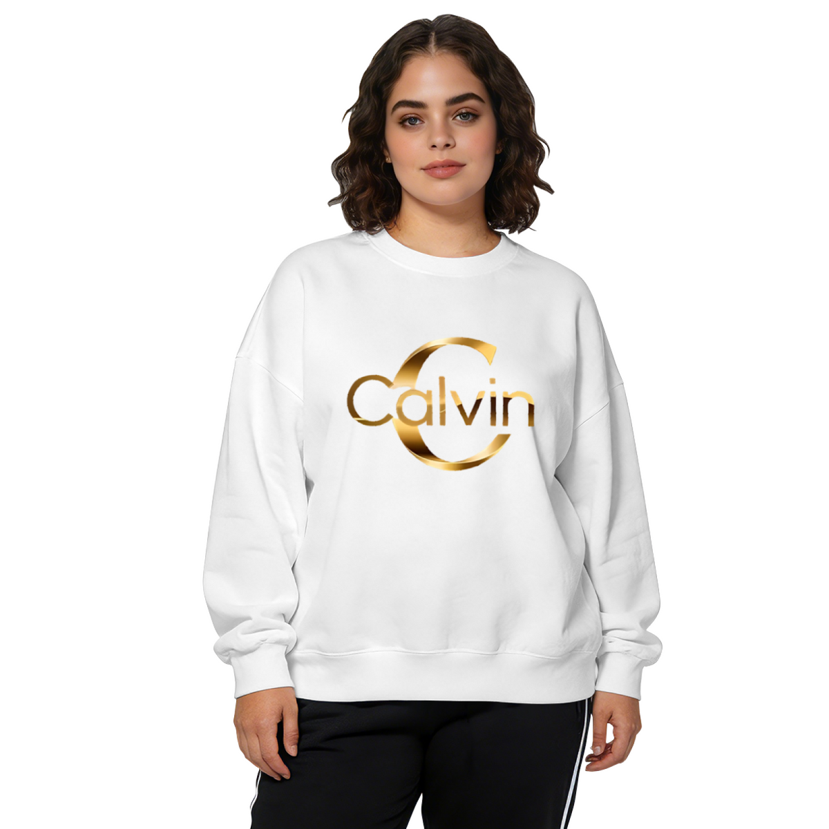 Luxury Gold Calvin Letter Logo Black Crewneck Sweatshirt