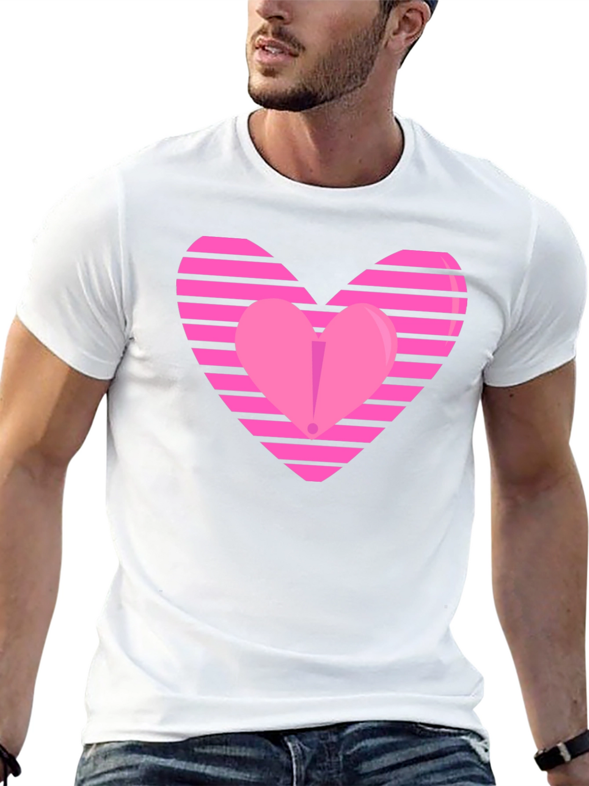 Pink Striped Heart Graphic Tee - Black Cotton Blend