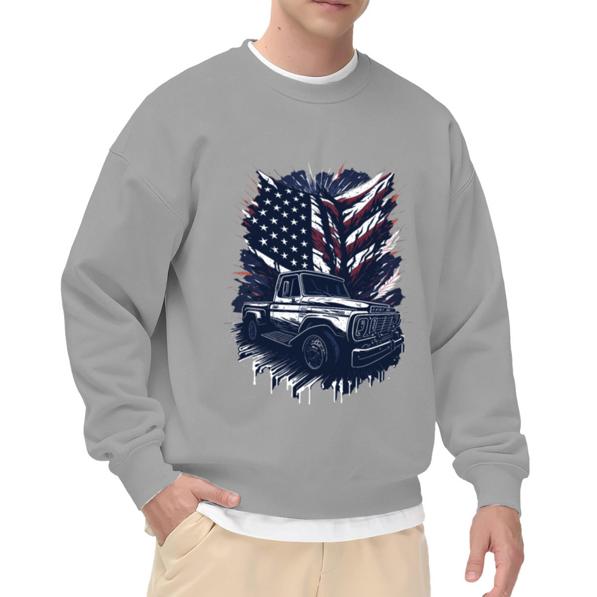 Retro American Flag Vintage Classic Truck Graphic Crewneck Sweatshirt