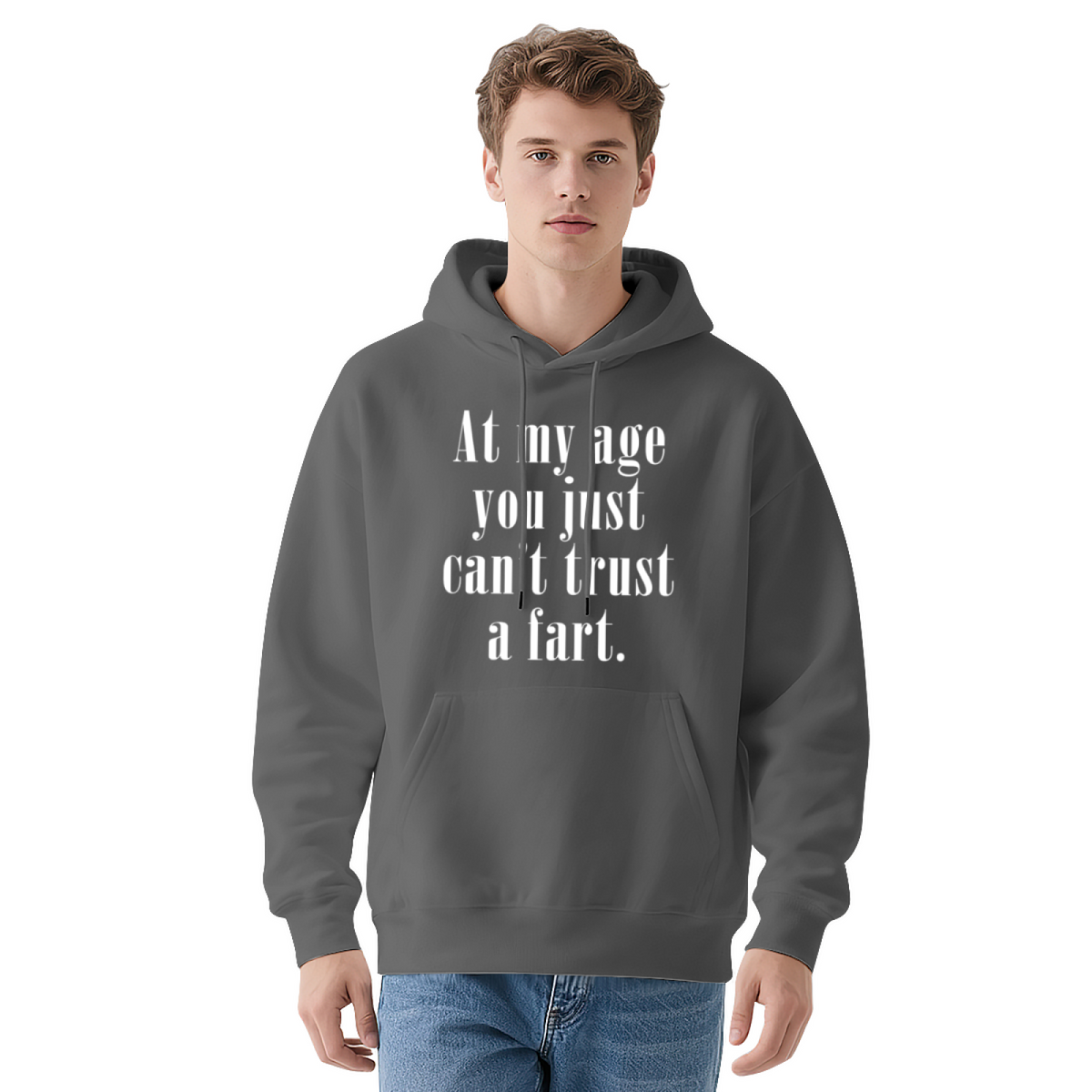 At My Age Can't Trust A Fart Funny Senior Red Hoodie, Warm Comfort Joke Top