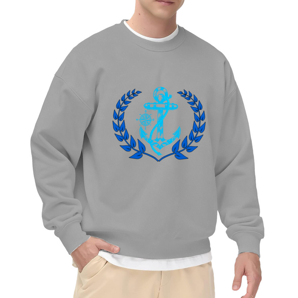 Blue Nautical Anchor Compass Laurel Wreath Ocean Lover Crewneck Sweatshirt