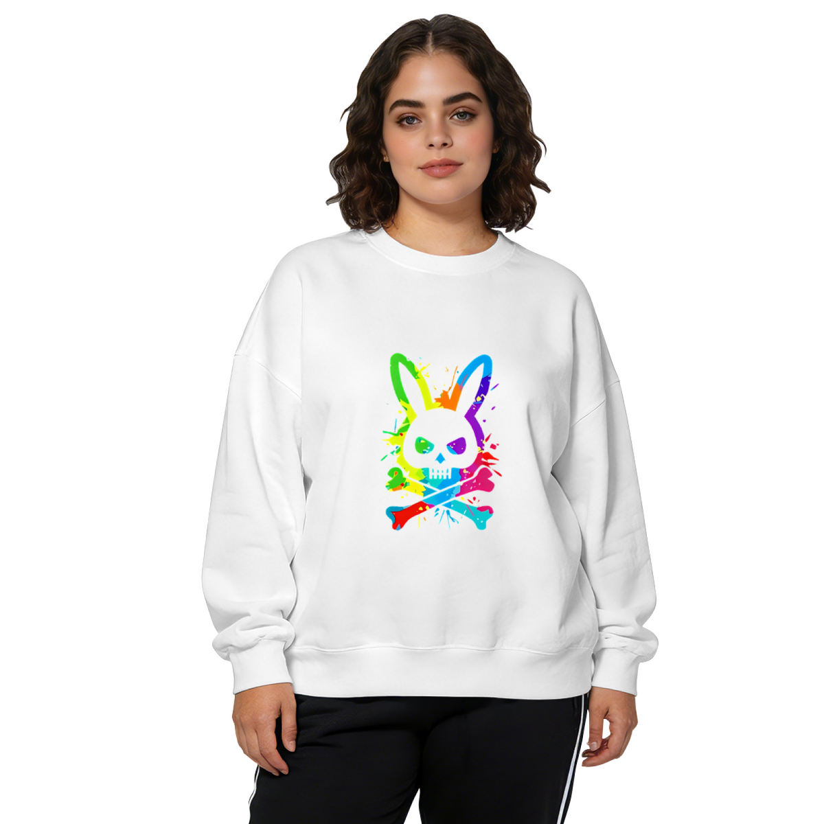 Rainbow Splash Bunny Skull Street?Style Crewneck Sweatshirt