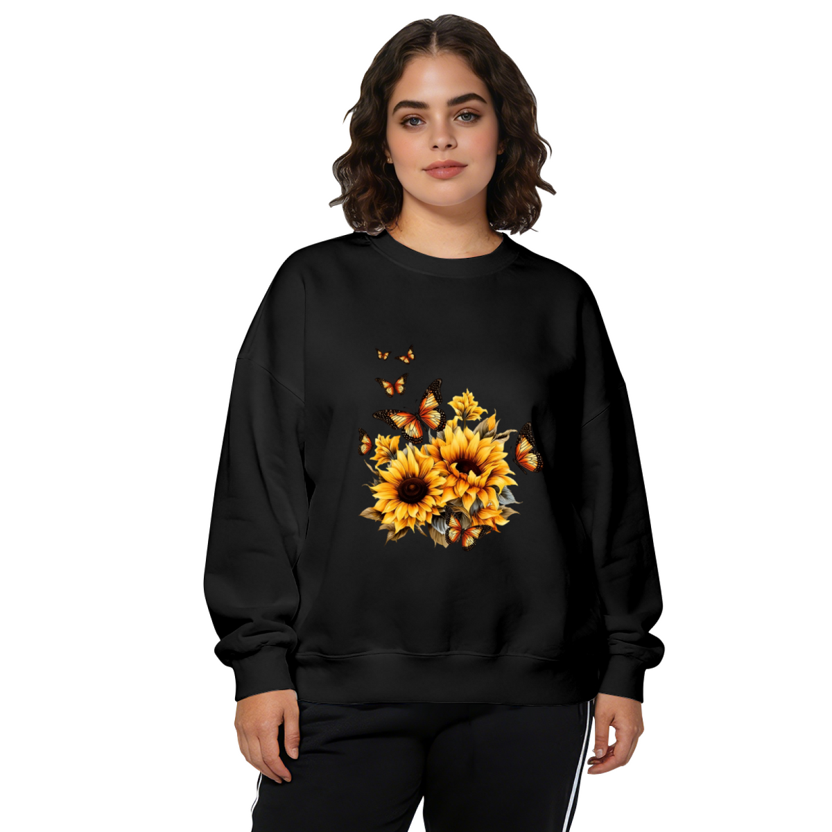 Vivid Sunflower And Monarch Butterflies White Crewneck Sweatshirt