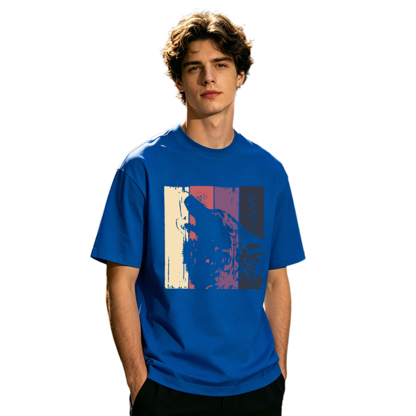 Men's Retro Striped Howling Wolf Vintage Wildlife Graphic Tee