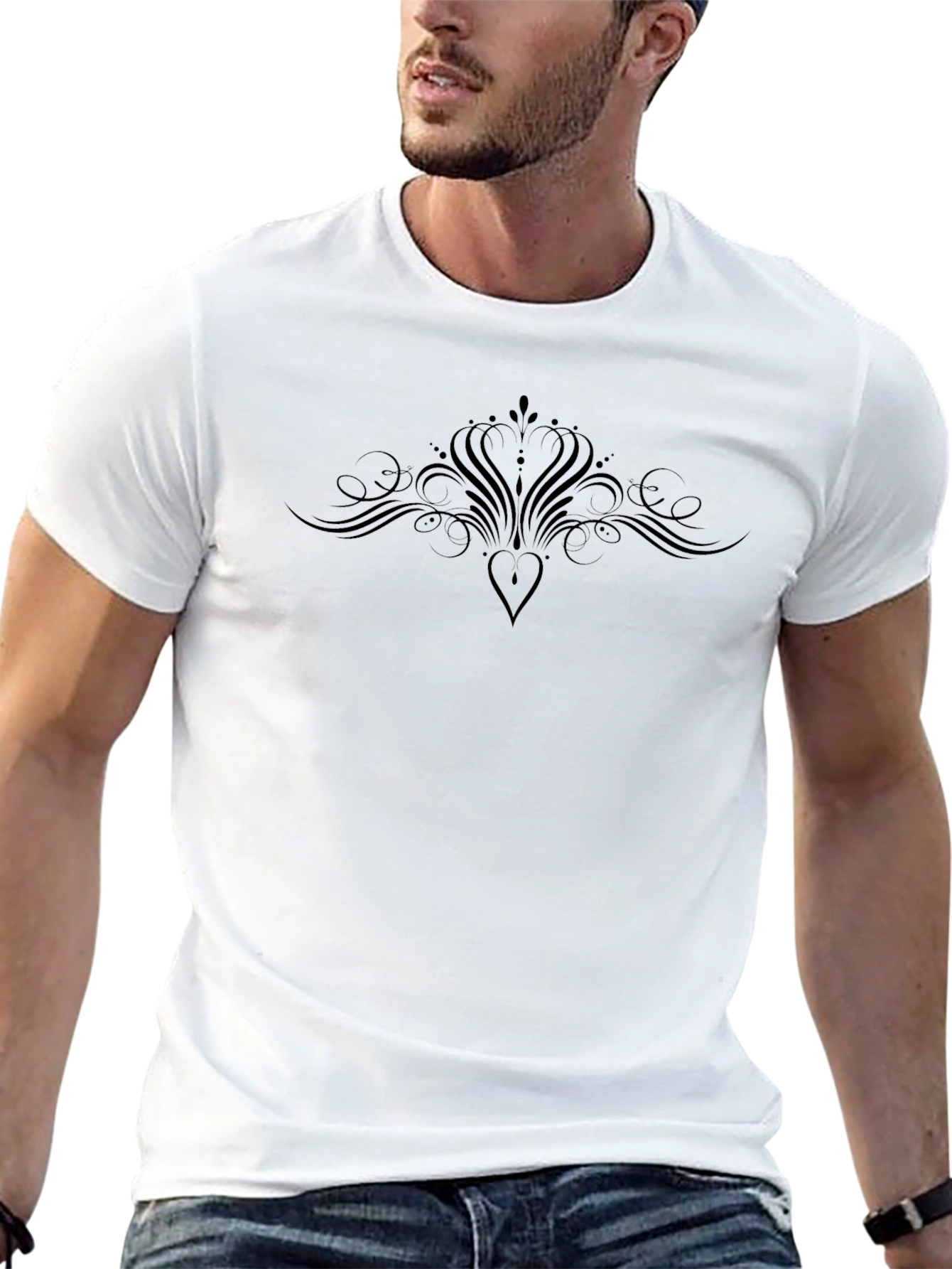 Elegant Black Graphic Tee - Heart & Flourish Design