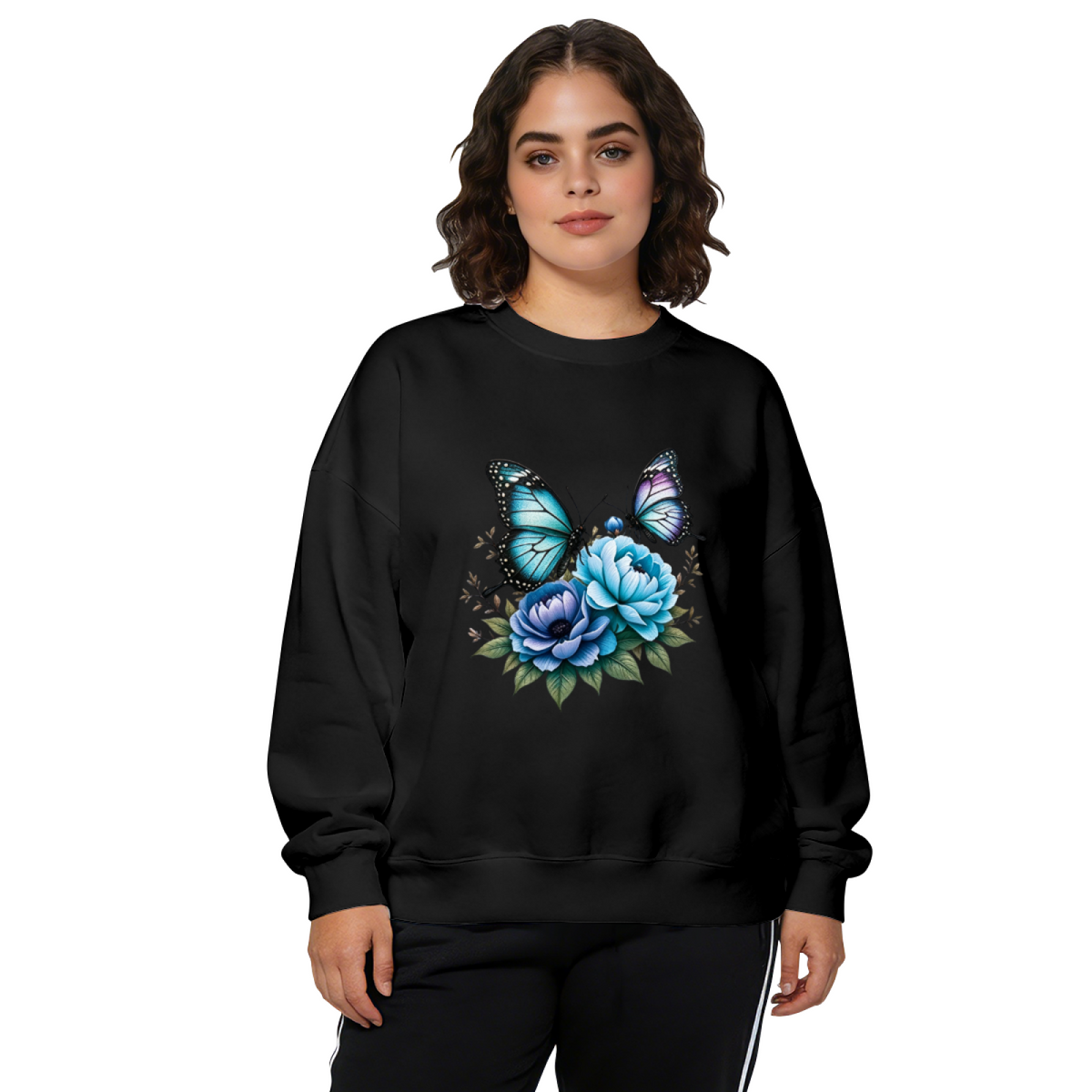 Dreamy Blue Butterfly & Flower Art Crewneck Sweatshirt