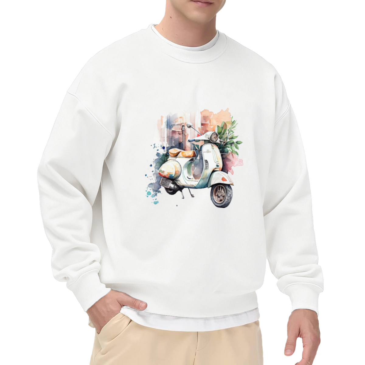 Vintage Scooter Watercolor Art Casual Crewneck Sweatshirt