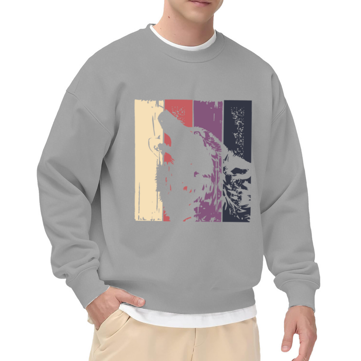 Retro Howling Wolf Vintage Striped Art Crewneck Sweatshirt