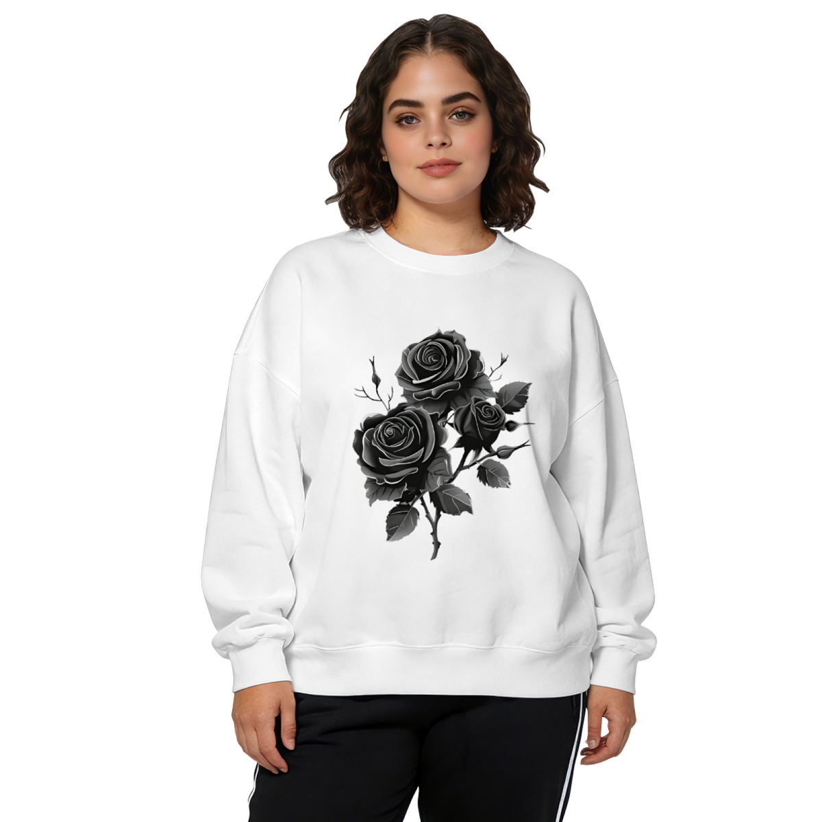 Dark Monochrome Grey Rose Art Graphic Crewneck Sweatshirt