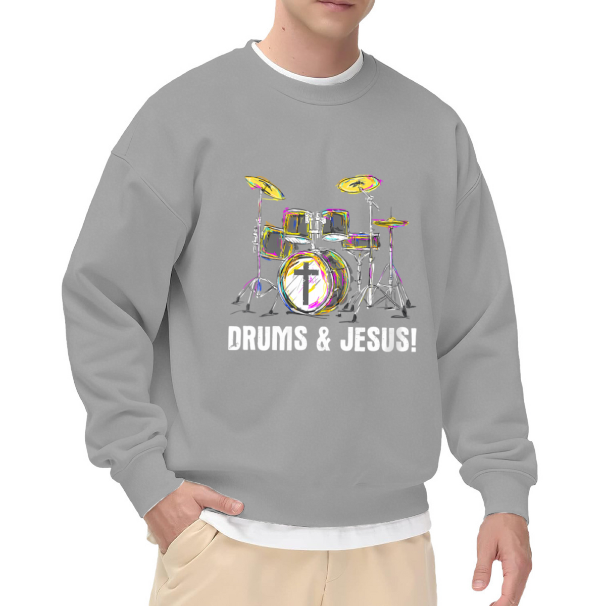 Drums & Jesus Creative Drum Kit Art Crewneck Sweatshirt