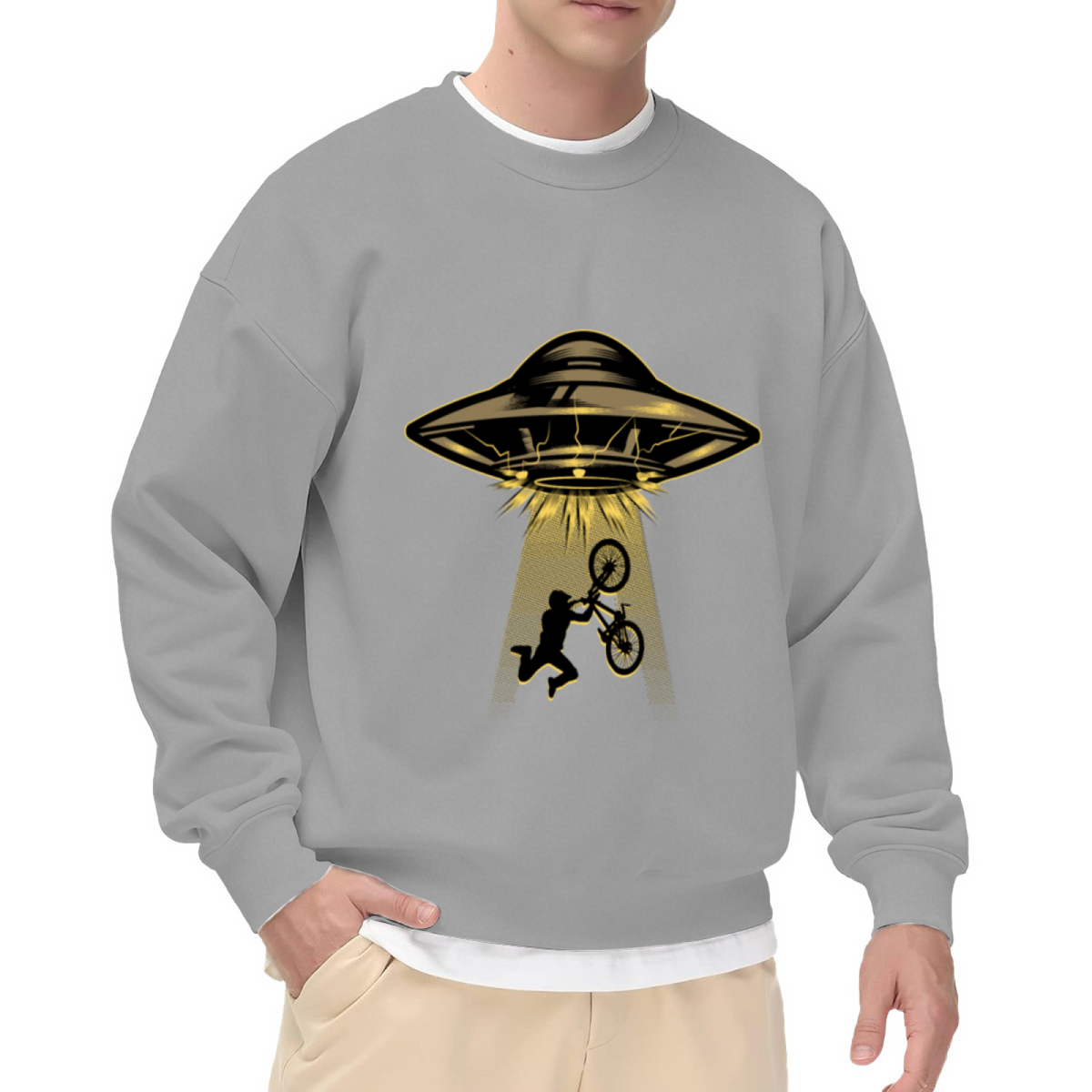 UFO Abducting BMX Biker Retro Sci?Fi Crewneck Sweatshirt Cool Alien Bike Graphic Pullover