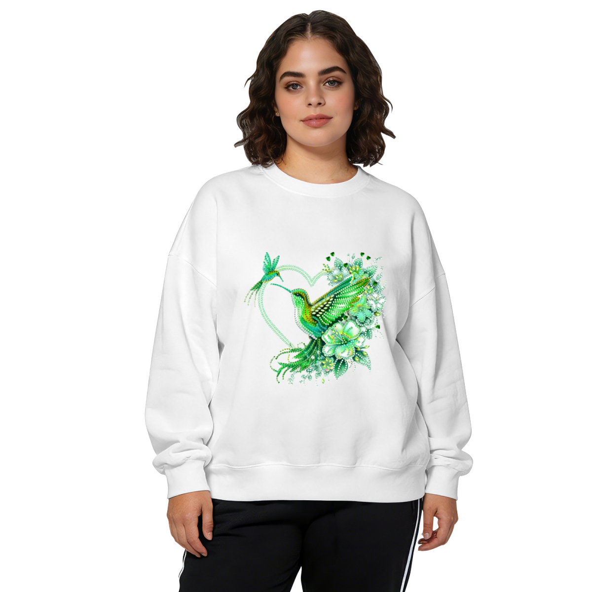 Sparkly Green Hummingbird Floral Heart Art Crewneck Sweatshirt