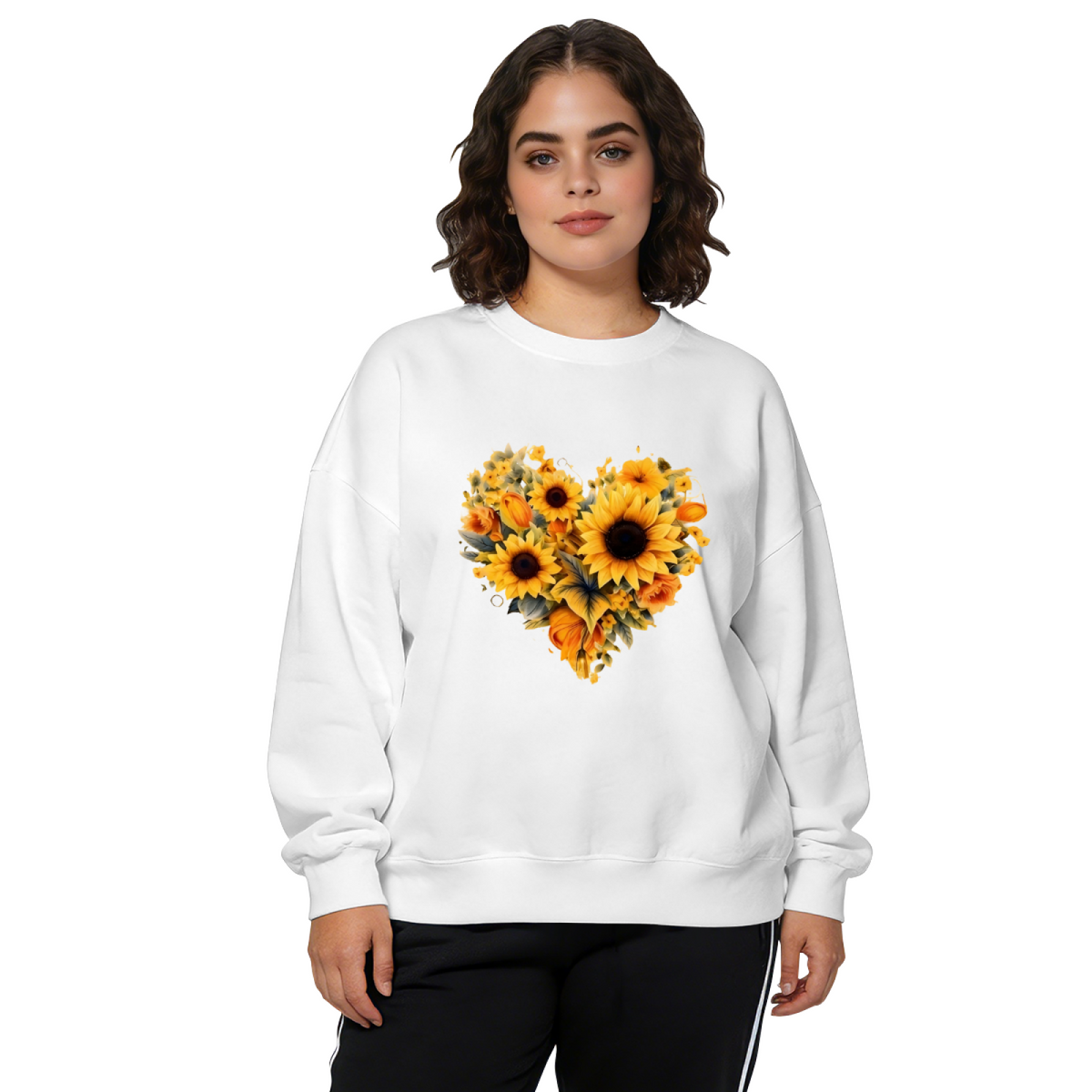 Sunflower?Shaped Heart Floral Art Crewneck Sweatshirt