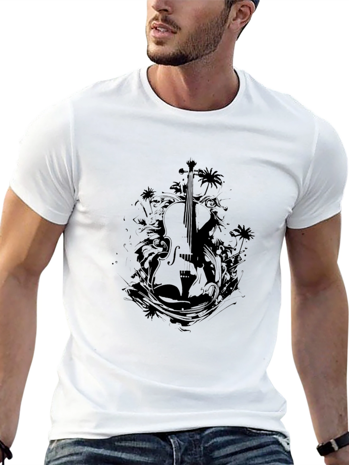 Stylish Black Violin Graphic T-Shirt