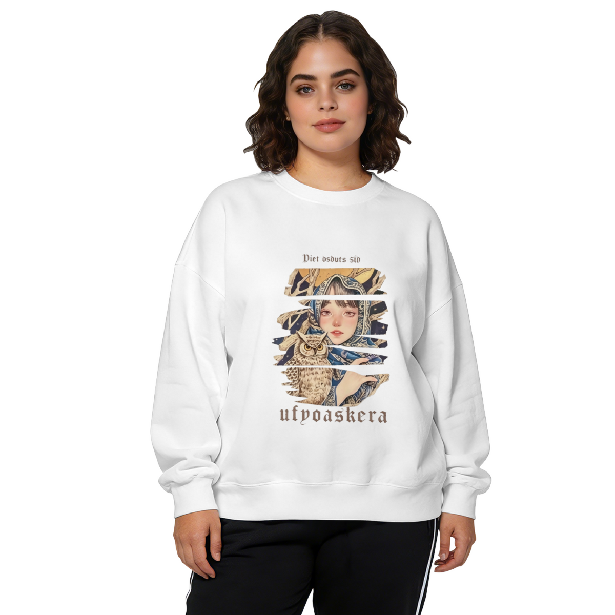 Mystic Girl And Owl Vintage Art Print Crewneck Sweatshirt