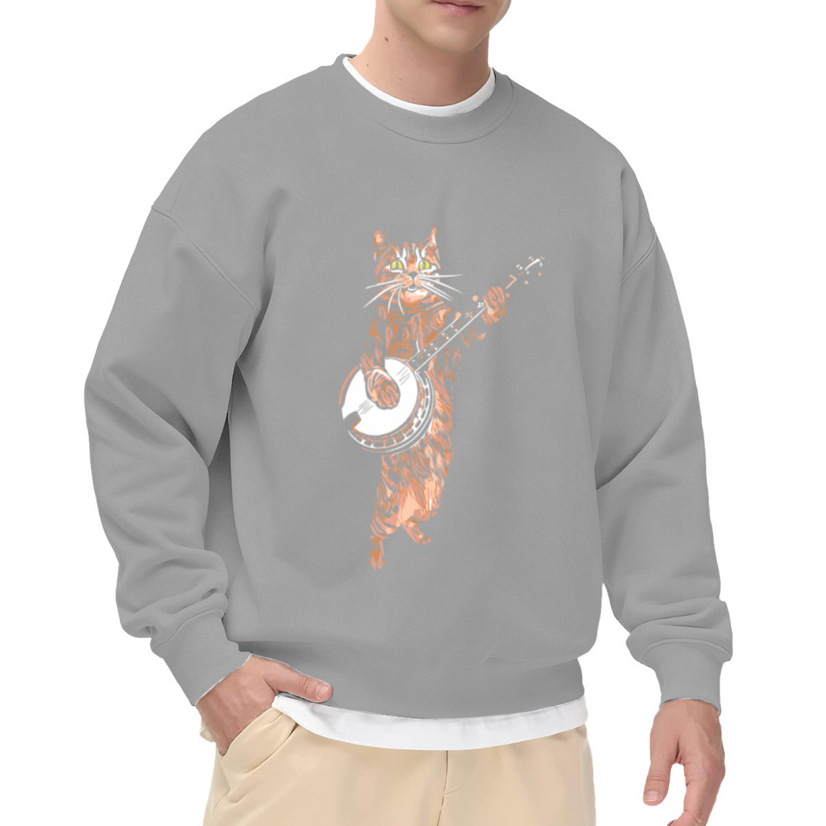 Cool Banjo?Playing Retro Music Cat Graphic Crewneck Sweatshirt