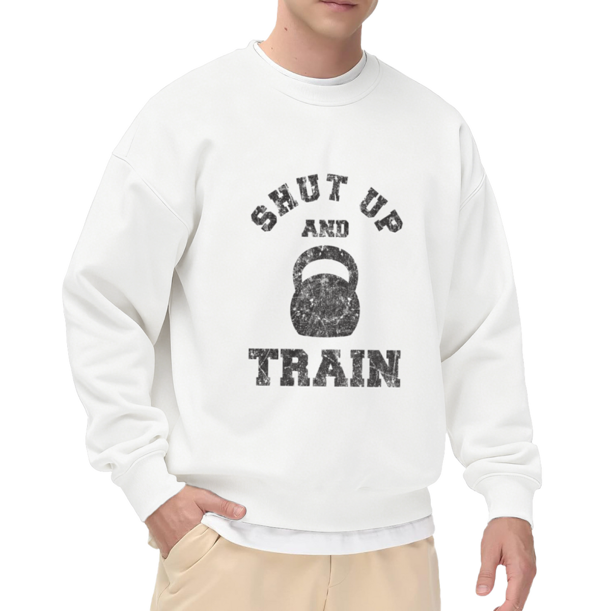 Distressed Shut Up And Train Kettlebell Gym Workout Crewneck Sweatshirt
