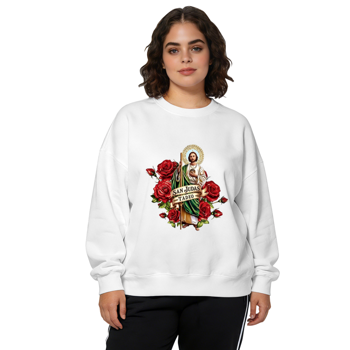San Judas Tadeo With Red Roses Religious Crewneck Sweatshirt