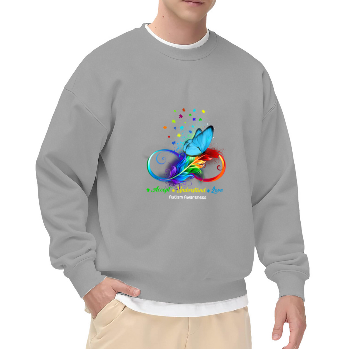Autism Awareness Accept Understand Love Butterfly Feather Crewneck Sweatshirt