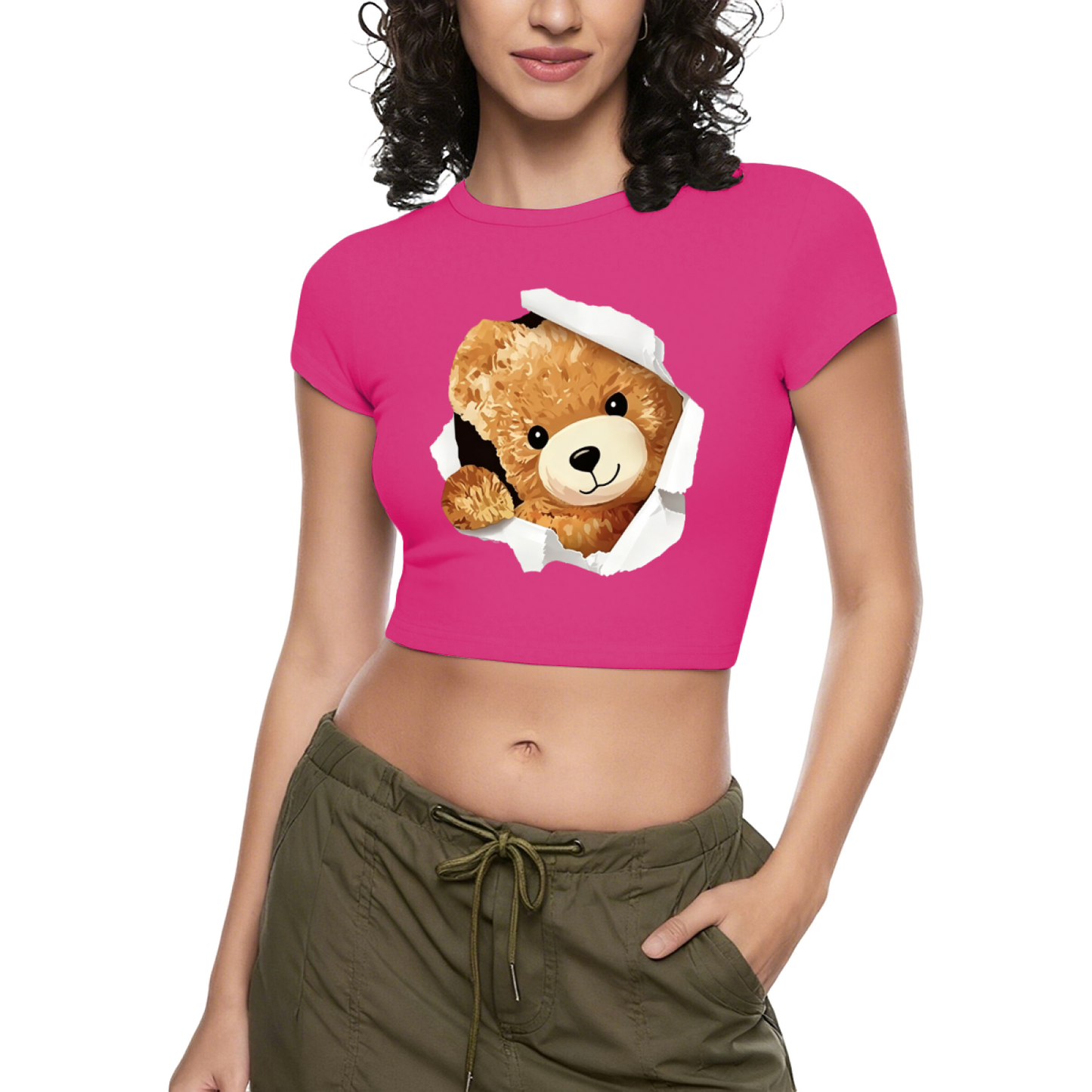 Torn Paper Fluffy Bear White Kawaii Crop T-Shirt
