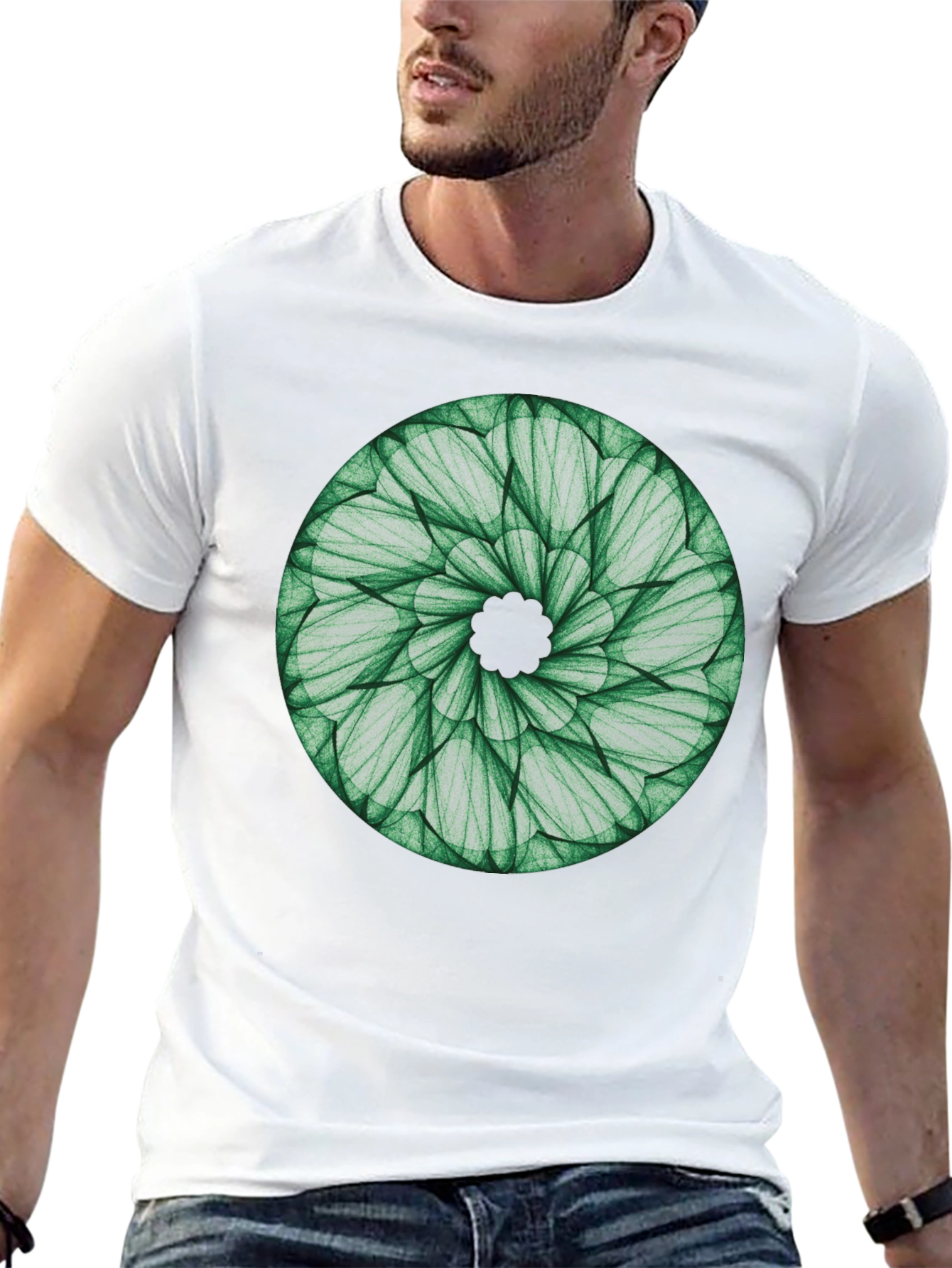Green Leaf Mandala T-Shirt - Nature Inspired Design