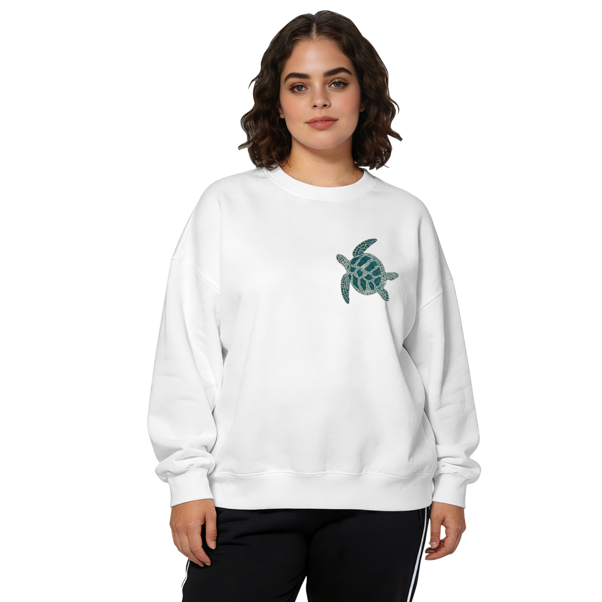 Boho Pattern Sea Turtle Chest Print Crewneck Sweatshirt