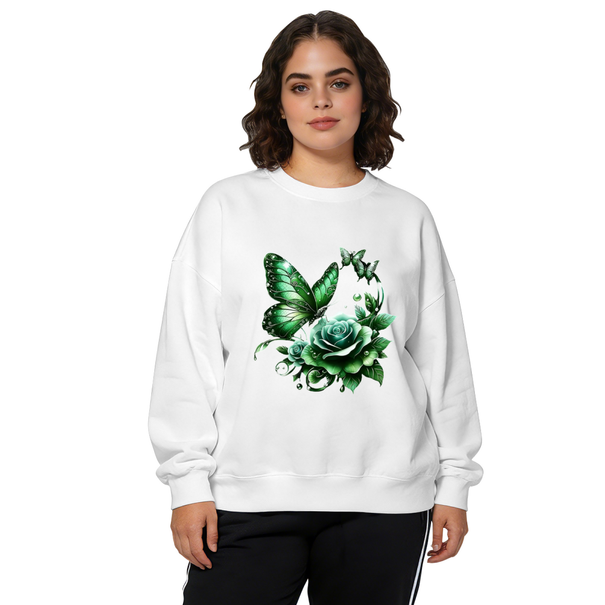 Glam Green Butterfly & Rose Crewneck Sweatshirt