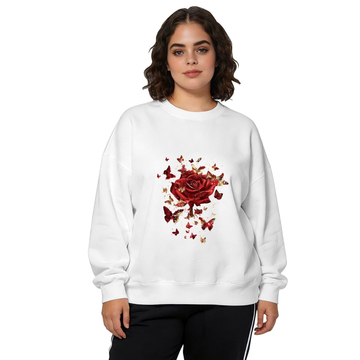 Glam Red Rose With Golden Butterflies Crewneck Sweatshirt