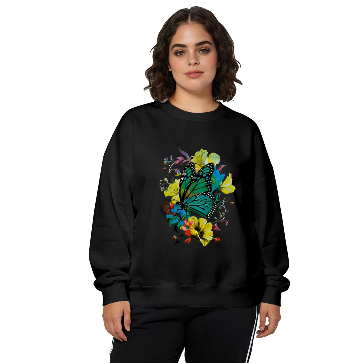 Boho Style Green Butterfly With Mixed Wildflowers Crewneck Sweatshirt