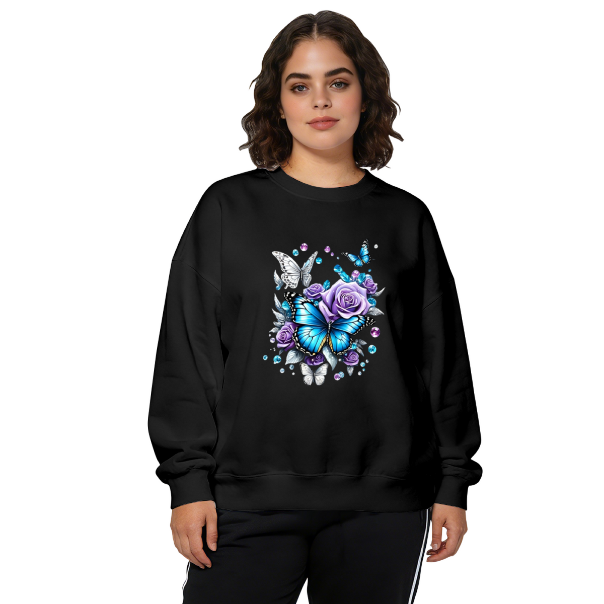 Vibrant Blue Butterfly Purple Rose Aesthetic Crewneck Sweatshirt