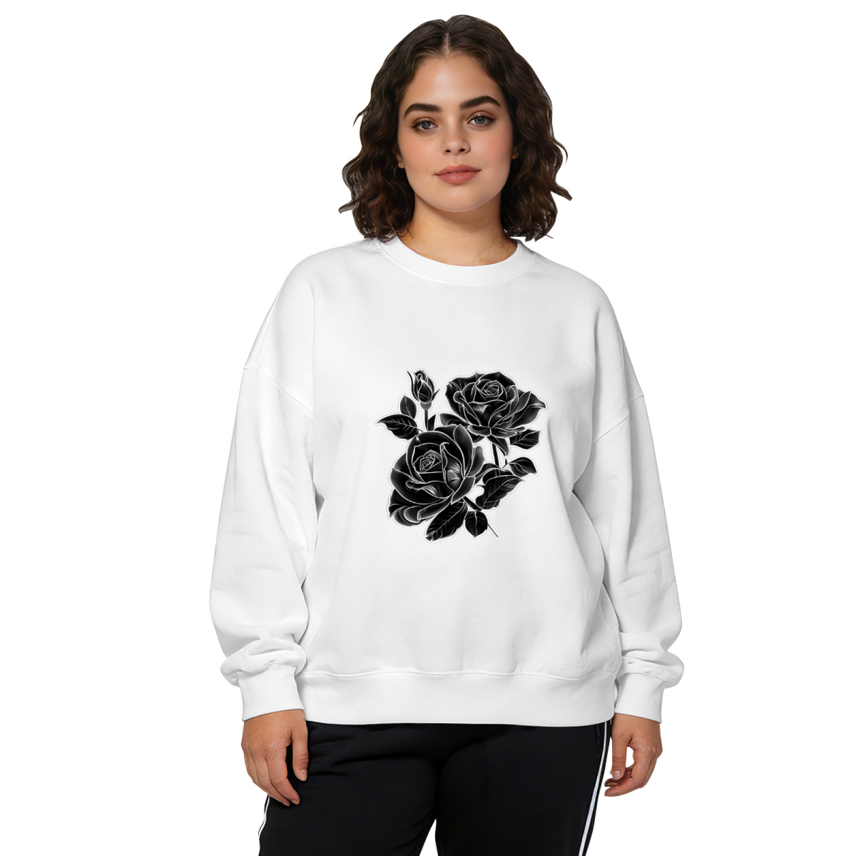 Elegant White?Line Black Rose Graphic Crewneck Sweatshirt