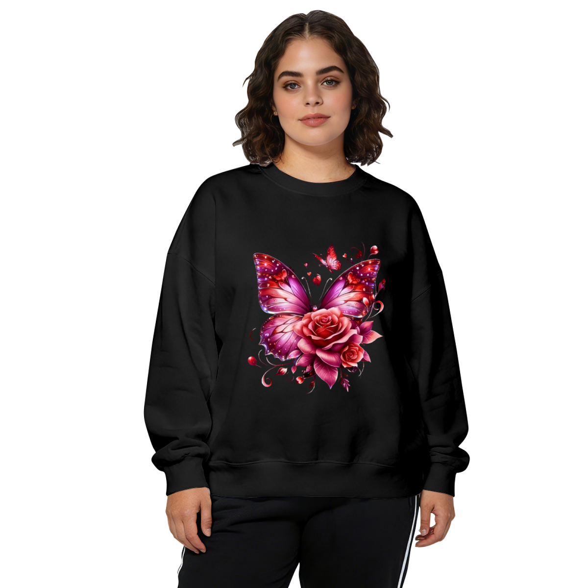 Romantic Red Butterfly With Rose Floral Crewneck Sweatshirt