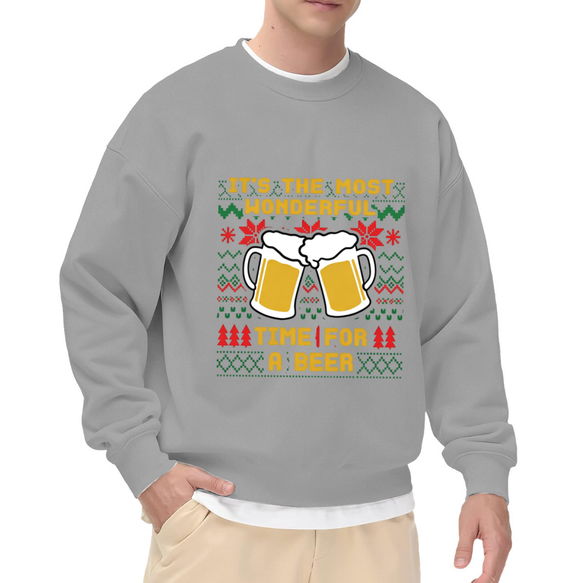 It¡¯s The Most Wonderful Time For Beer Ugly Christmas Knit Print Crewneck Sweatshirt