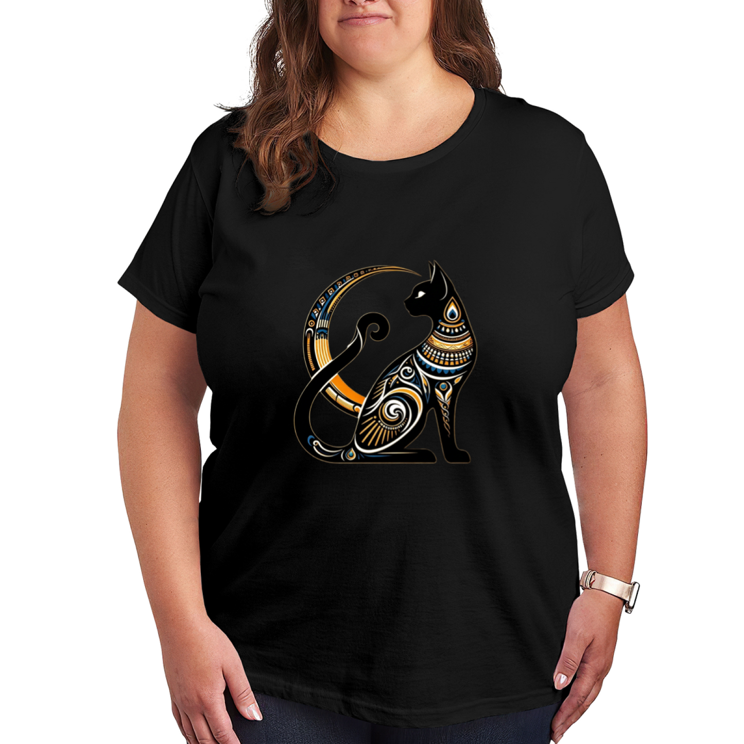 Ornate Egyptian Bastet Black Cat Golden Crescent Moon Art Tee