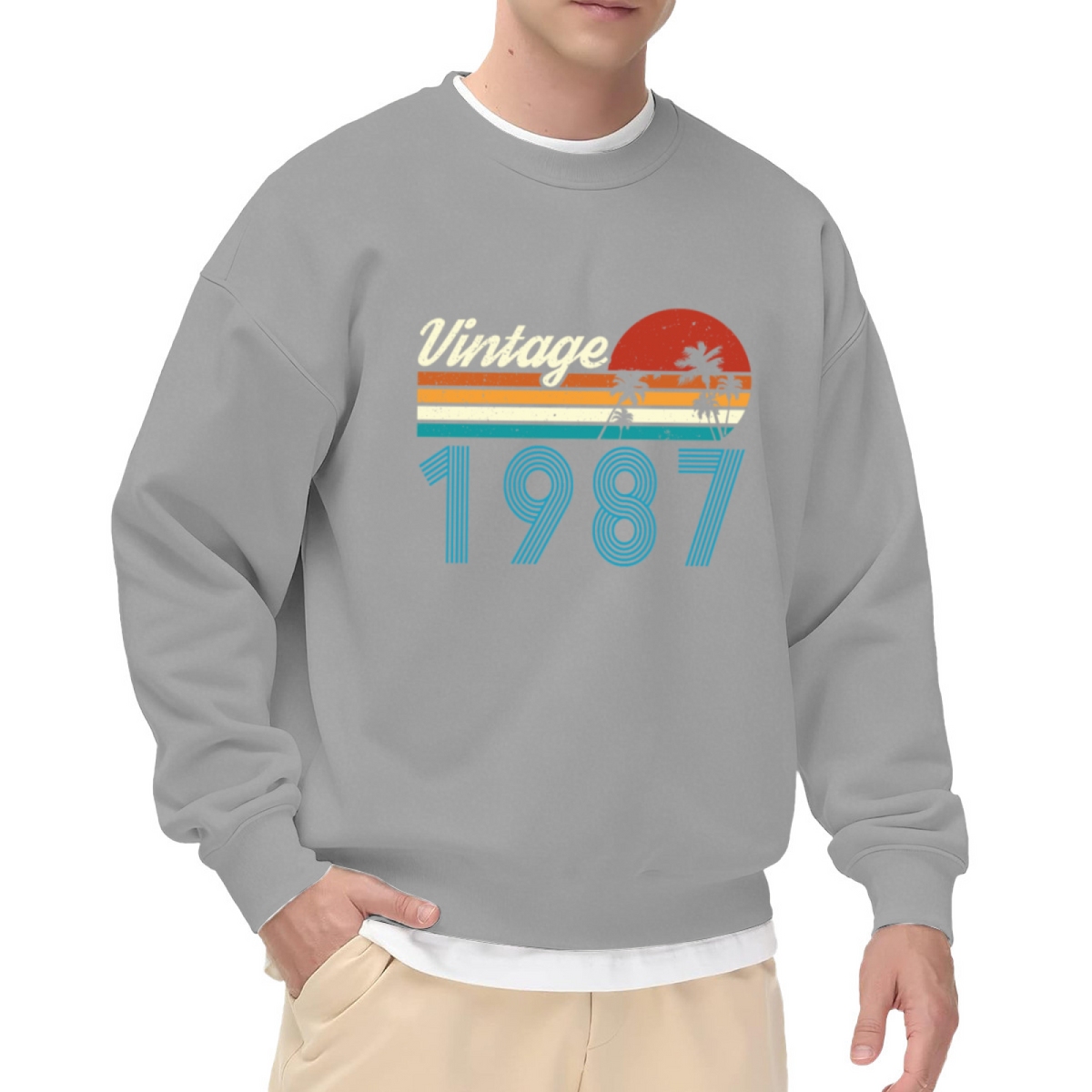 Vintage 1987 Retro Sunset Palm Tree Crewneck Sweatshirt, Born In 1987 Birthday Graphic Top