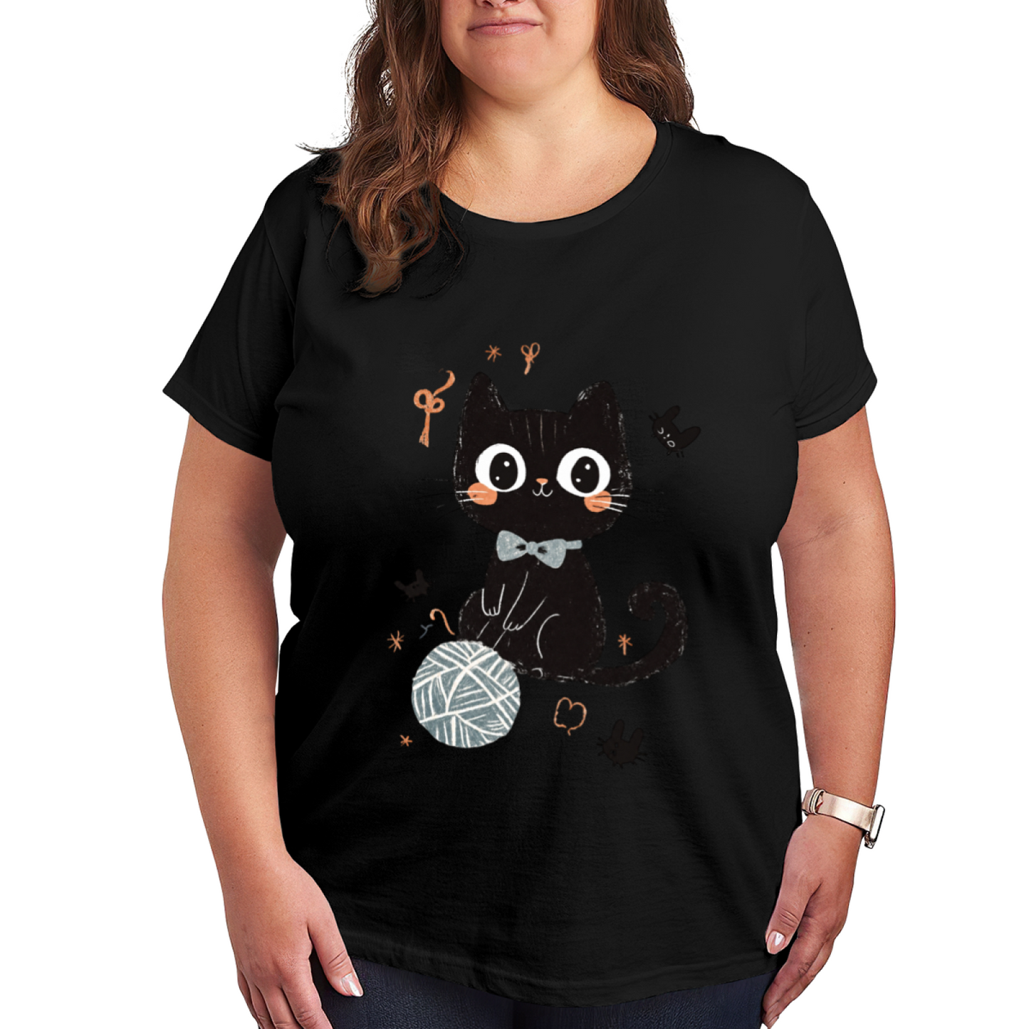 Cute Black Kitten & Yarn Ball Cartoon Graphic Shirt
