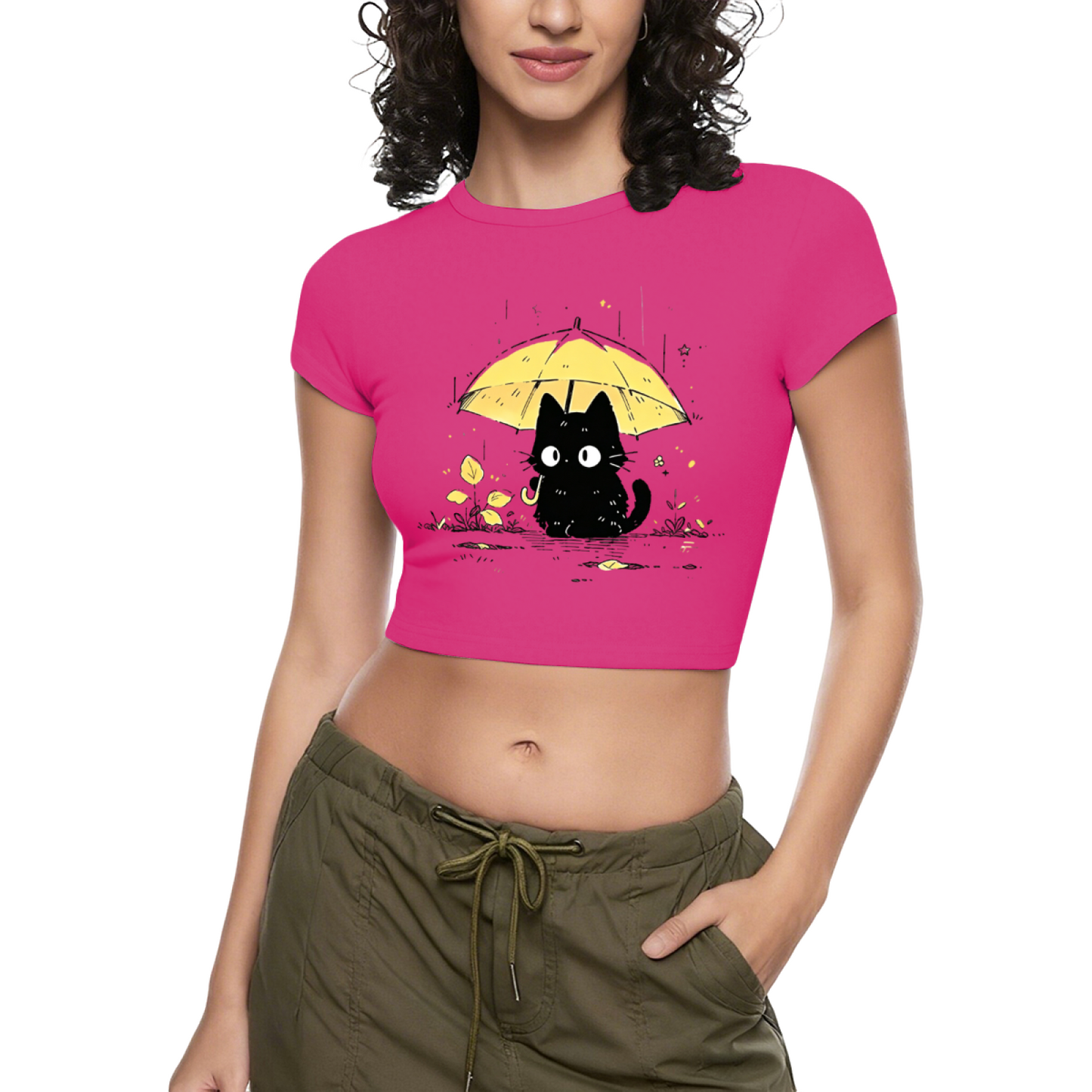 Rainy Black Cat With Yellow Umbrella Cottagecore Crop T-Shirt