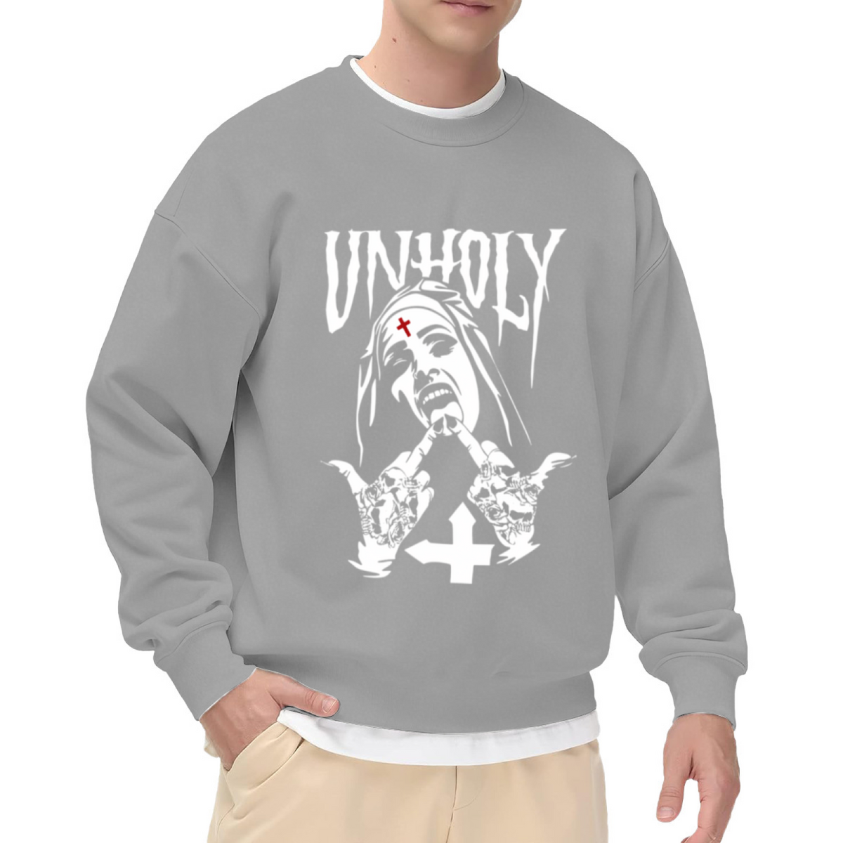 Unholy Dark Gothic Nun Metal Inverted Cross Edgy Crewneck Sweatshirt