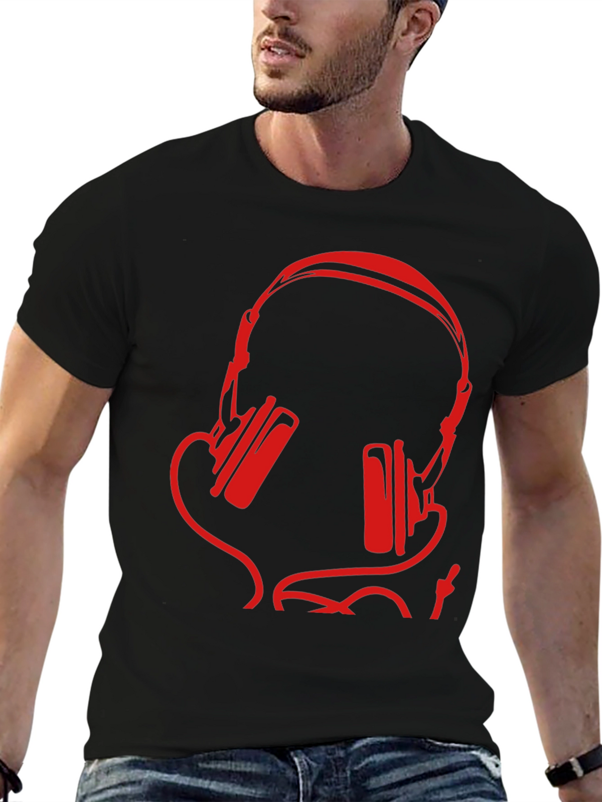 Stylish Black T-Shirt with Red Headphone Design