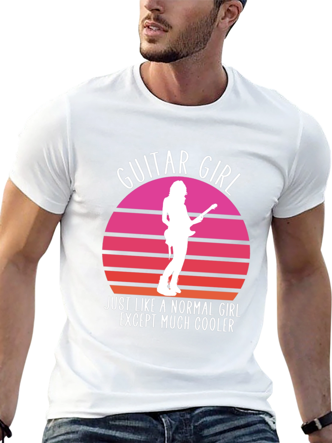 Guitar Girl Cool Retro Sunset T-Shirt