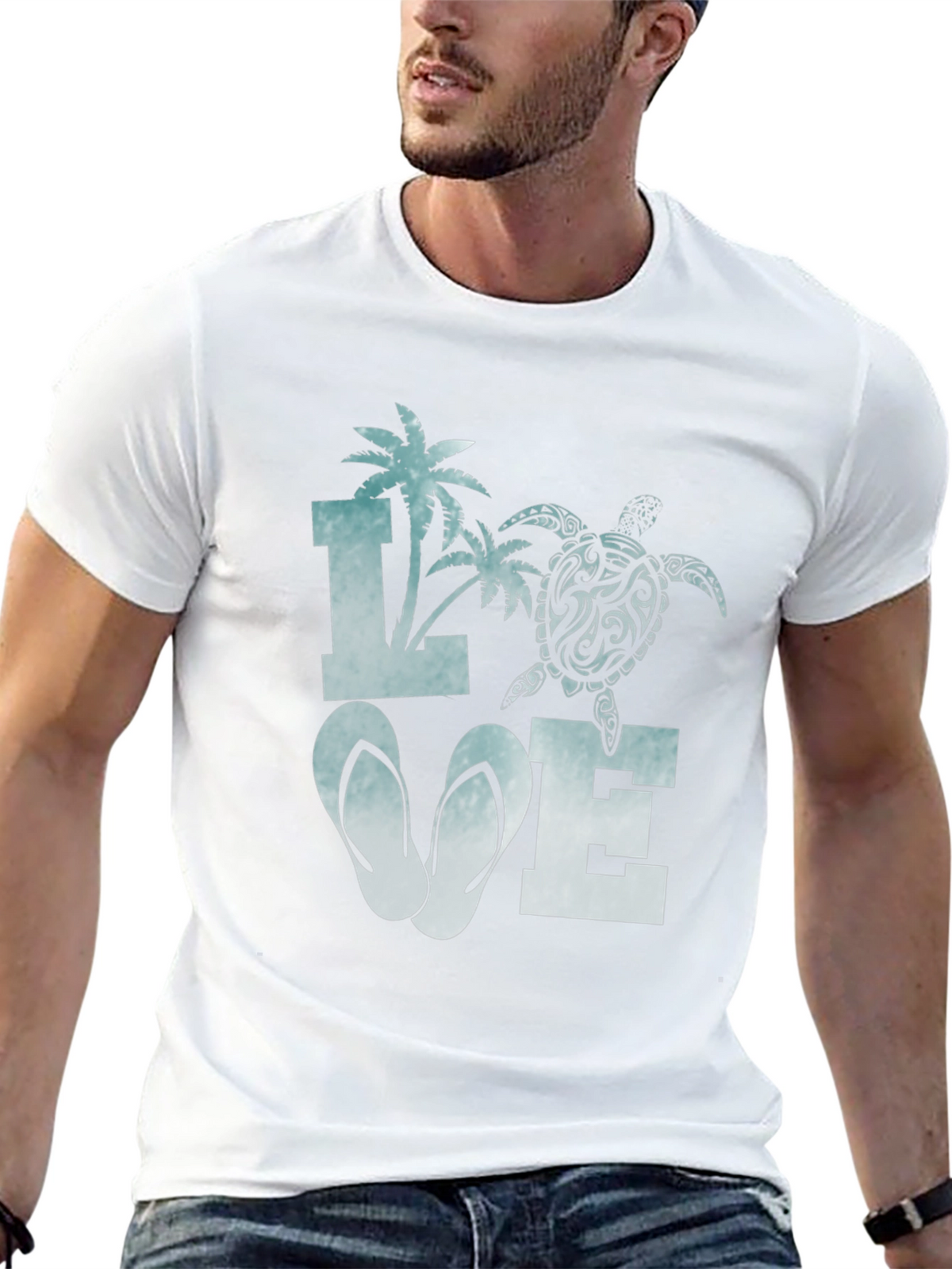 Love Beach T-Shirt: Palm Tree Turtle Flip Flop Design