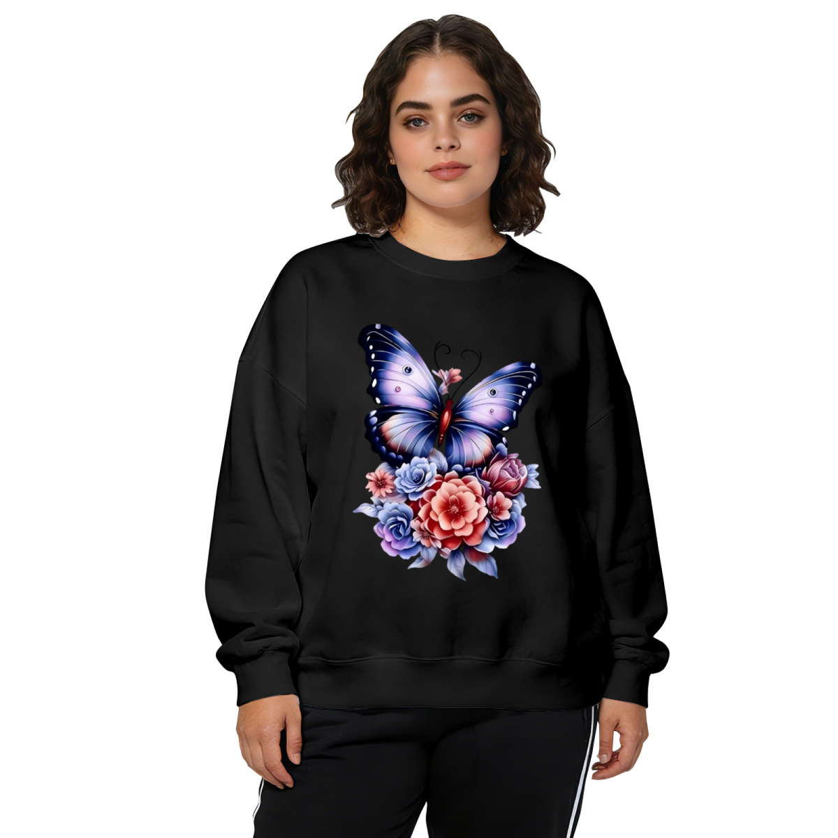 Dreamy Blue?Purple Butterfly Mixed Floral Art Crewneck Sweatshirt