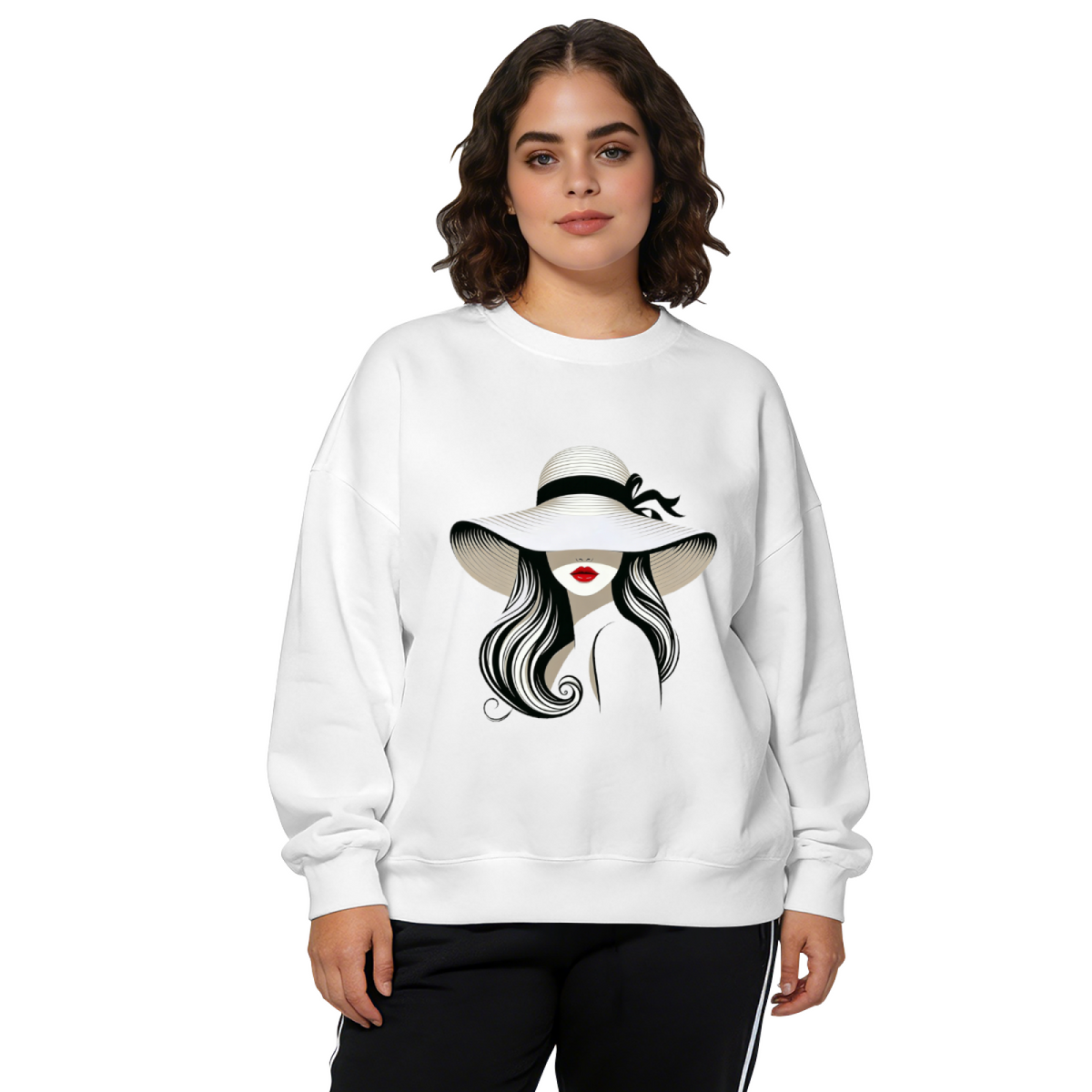 Elegant Lady In Wide?Brim Hat Art Crewneck Sweatshirt