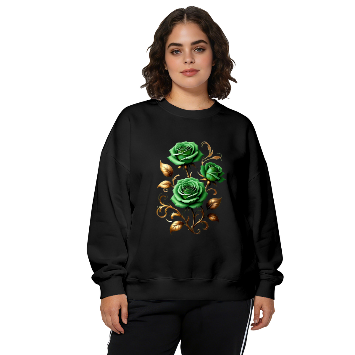 Gilded Green Rose Art Pattern Casual Crewneck Sweatshirt