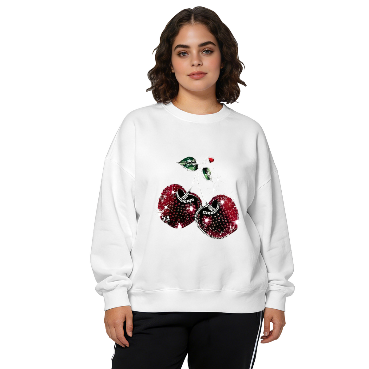 Sparkling Rhinestone Cherry Bling Trendy Crewneck Sweatshirt